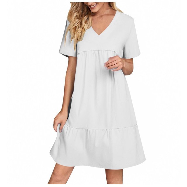 Admvng Robes d'Été pour Femmes Été Col en V Couleur Unie Décontractée Taille Haute Manches Courtes Robe de Vacances P-2TG