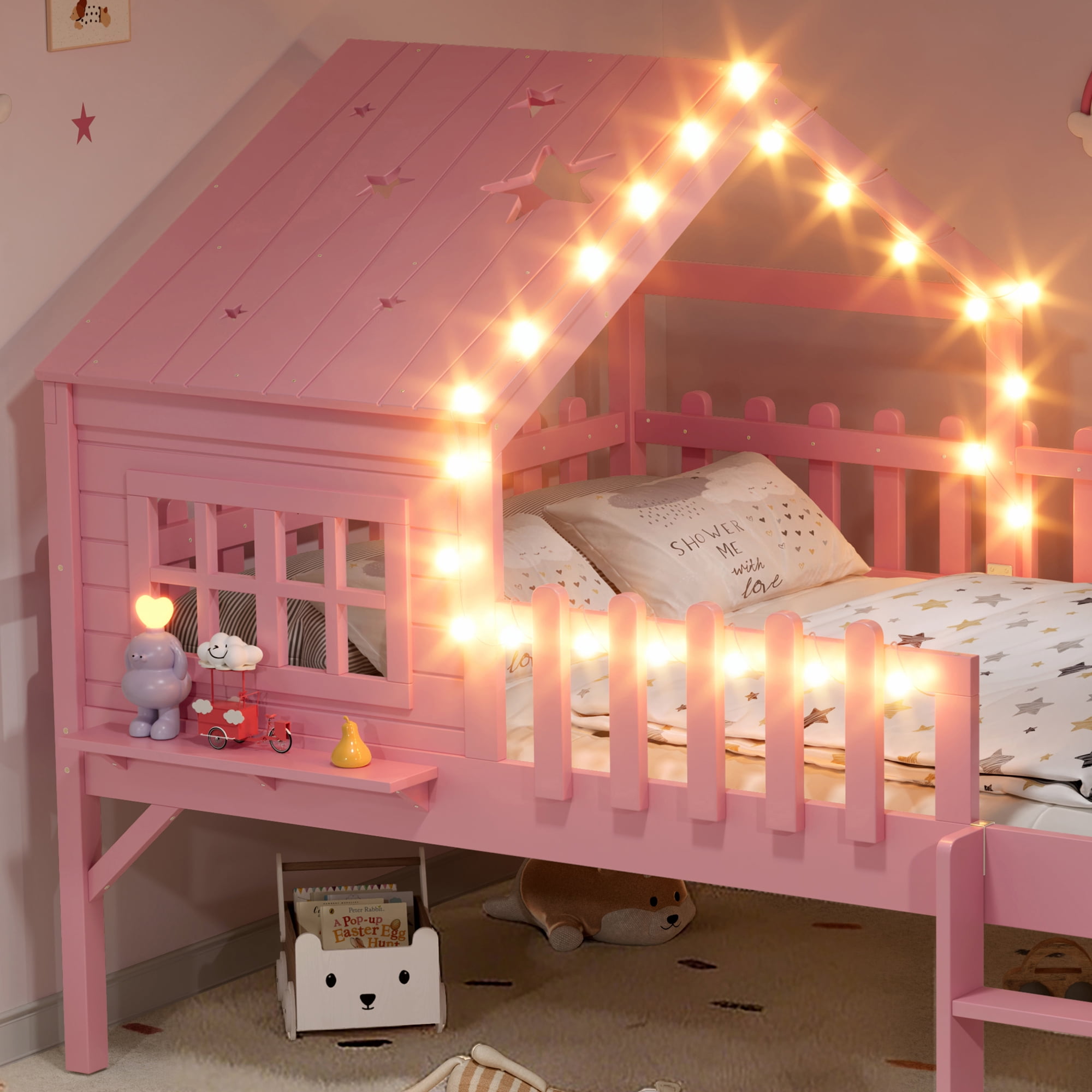 Mintazer Full Size Kids House Loft Bed with Slide & LED Lights, Modern Playhouse Bed with Star Shaped Designs & Ladder, No Box Spring Needed, Pink