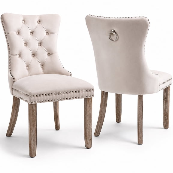 Paproos Dining Chairs Set of 2, Velvet Upholstered Dining Room Chairs with Button Tufted Back, Back Ring and Nailhead Trim, Modern Kitchen Chairs, Dinner Chairs with Solid Wood Legs, Beige