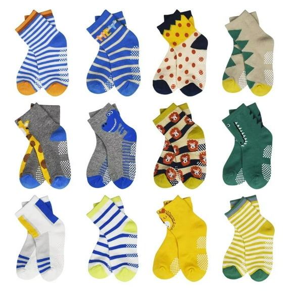 Toddler Socks With Grip, Non-Skid 12 Pairs Baby Kids Sticky Slipper Cotton Crew Socks 0-7 Years Children/Boy/Girl