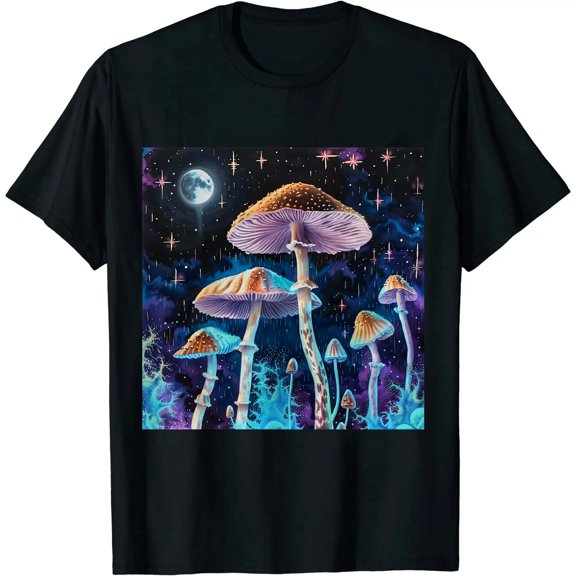 Qinduosi Men's Hippie Mushroom Print Summer Short Sleeve T-Shirt Black
