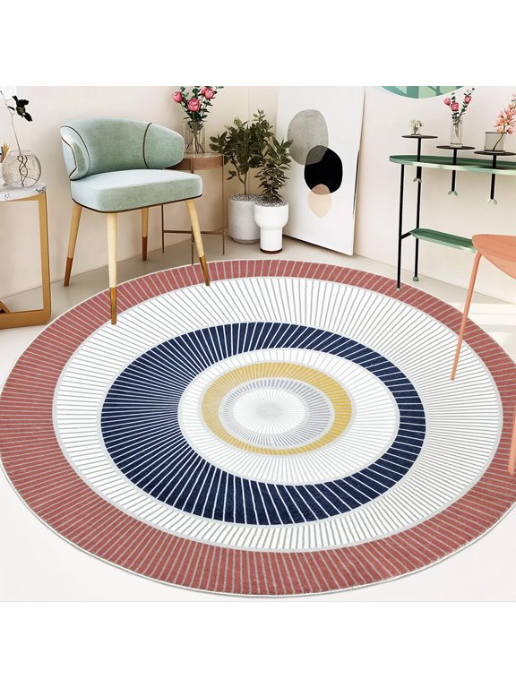 Modern Round Rug - 4Ft Circle Abstract Carpet for Bedroom Living Room Kids Room Farmhouse Dorm Dining Room, Soft, Contemporary, Nonslip, Geometric, Circular Floor Mat, Indoor Decor, Red/Blue