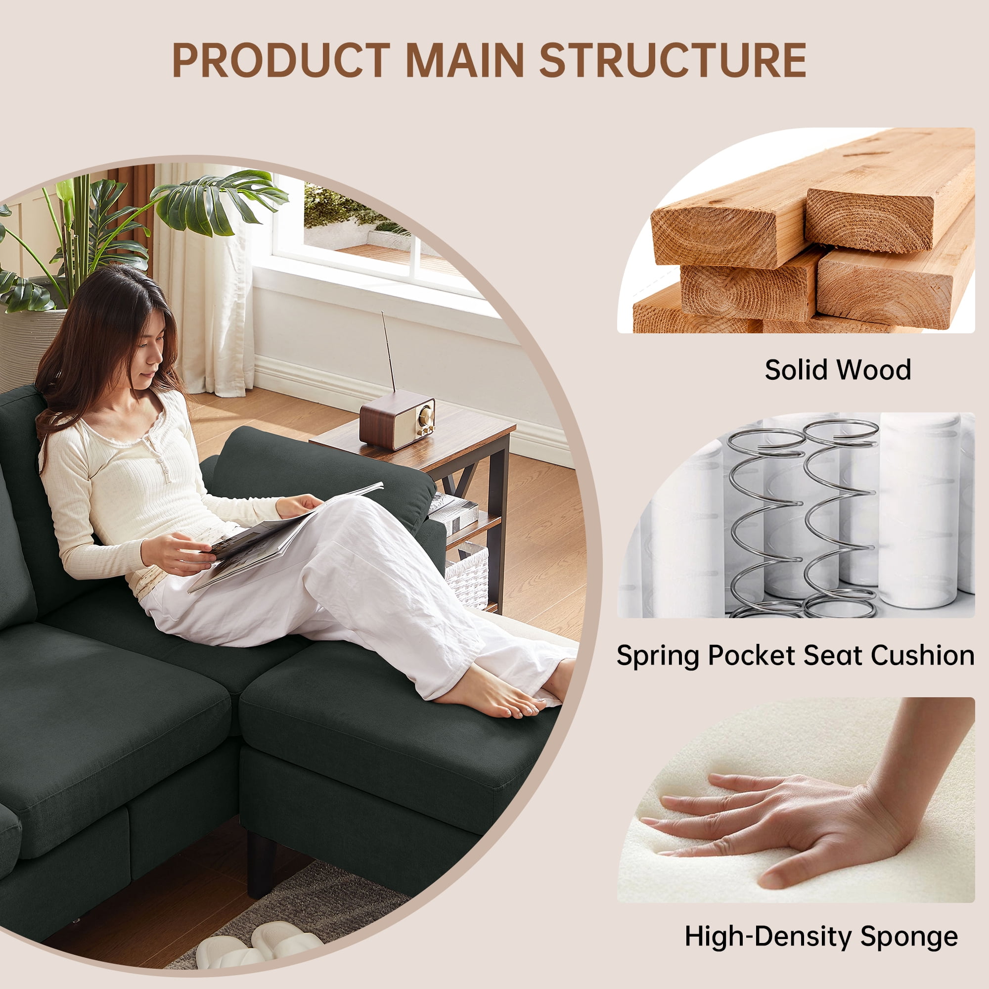Pingliang Home 80" Sectional Sofa Couch,L Shaped 3 Seat with Reversible Storage Ottoman and Side Pockets, Modern Polyester Fabric Sofa Couches for Living Room Apartment Office Studio Small Space