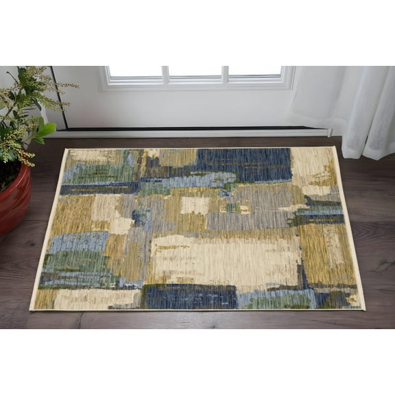 2' X 3' Blue And Green Abstract Area Rug With Fringe