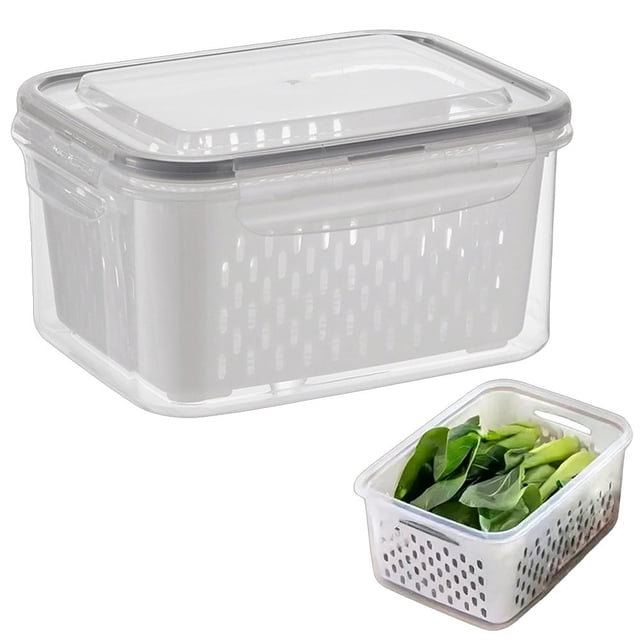 4 In 1 Food Storage Container, Fruit Saver Storage Containers for Fridge, Stackable Fruit Berry Containers with Lid & Removable Colander, Long-Term Freshness, Dishwasher Safe