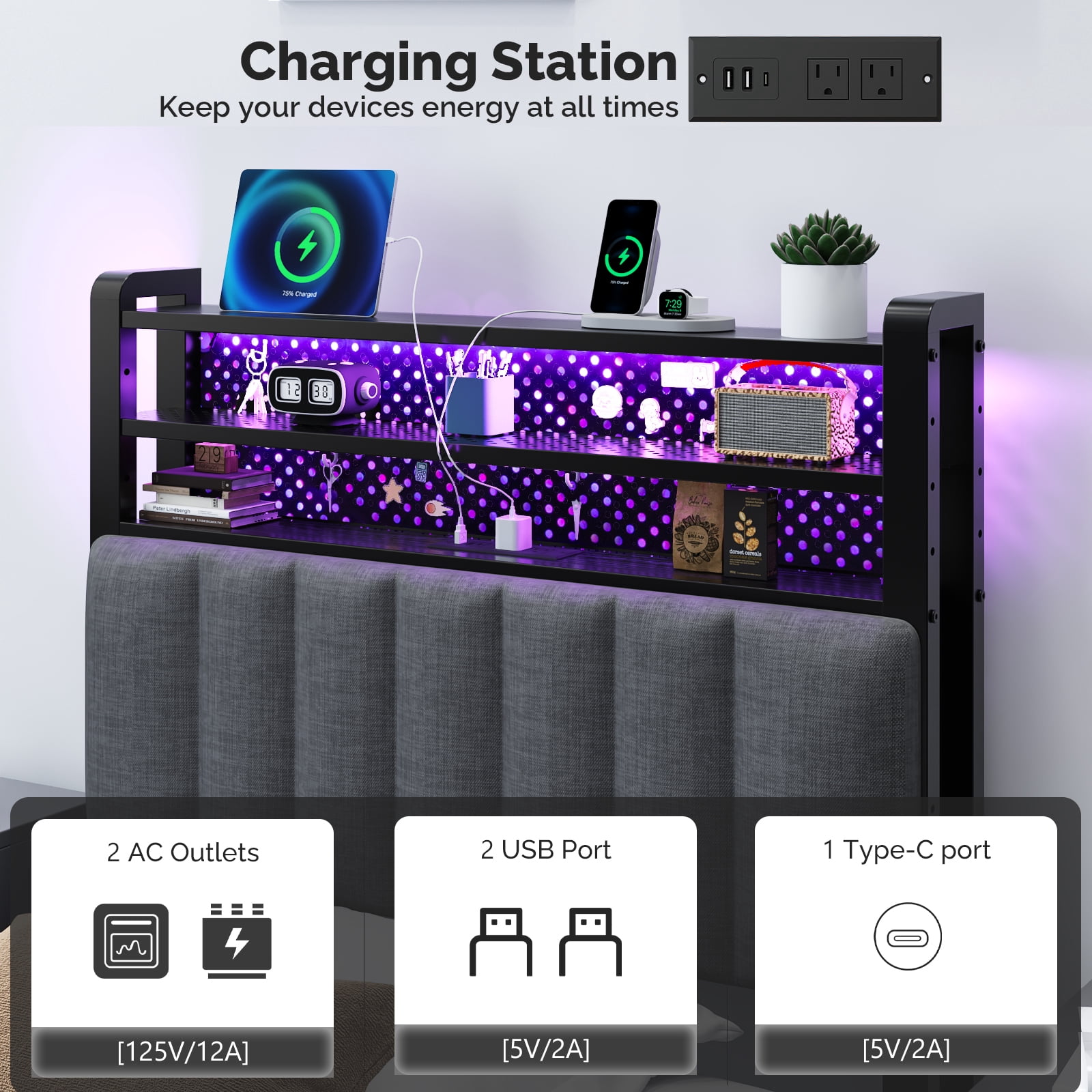 Zimtown Headboard for Twin Size Bed with Storage, Linen Upholstered Head Board with LED Light and Charging Station, Gray