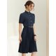 thumbnail image 3 of Vestido camisero Allegra K de media solapa para mujer manga corta volantes plisado midi con cinturón Azul marino XS, 3 of 5