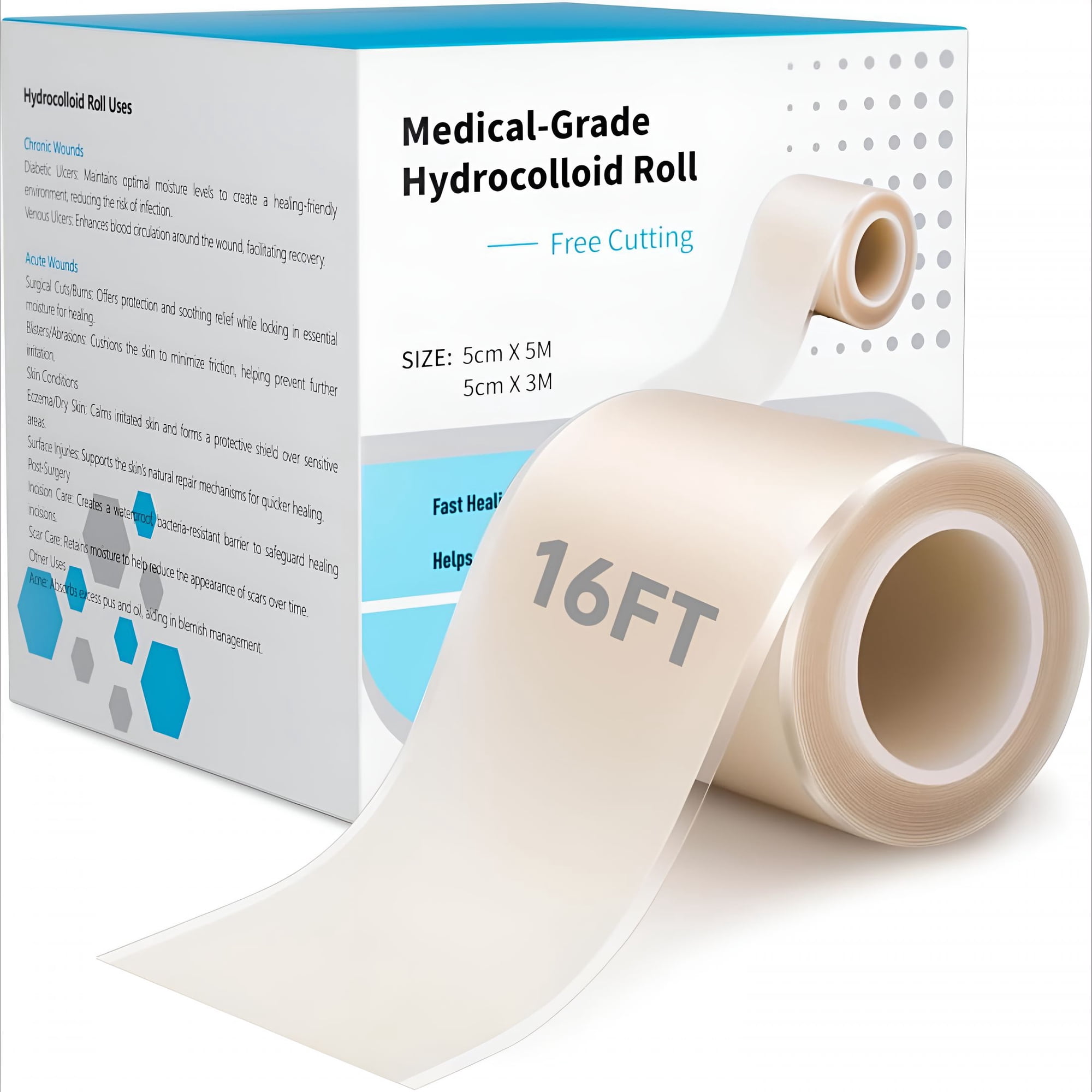 QARUN Medical Grade Hydrocolloid Roll for Wound Care 2in*16ft, Hydrocolloid Bandages Waterproof Pimple Patches Tape Absorbent Large Hydrocolloid Patch for Acne Patches, Blisters, Burns, Bed Sore