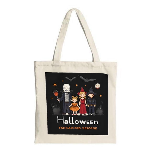 Halloween Tote Bag - Canvas Multifunctional Reusable Shopping Bag with Family in Costumes Bats & Pumpkins Perfect for Parties & Travel