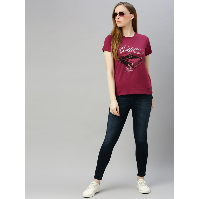Roadster By Myntra Casual T Shirts For Women Burgundy Printed Round Neck Short Sleeves Regular Pure Cotton Ready to Wear T shirt Clothing