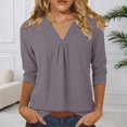 thumbnail image 2 of DHFJKG Womens V Neck T Shirt Loose Fit 3/4 Sleeve Solid Color Basic Tee Summer Breathable Linen Beach Vacation Clothes Soft Tops, 2 of 5