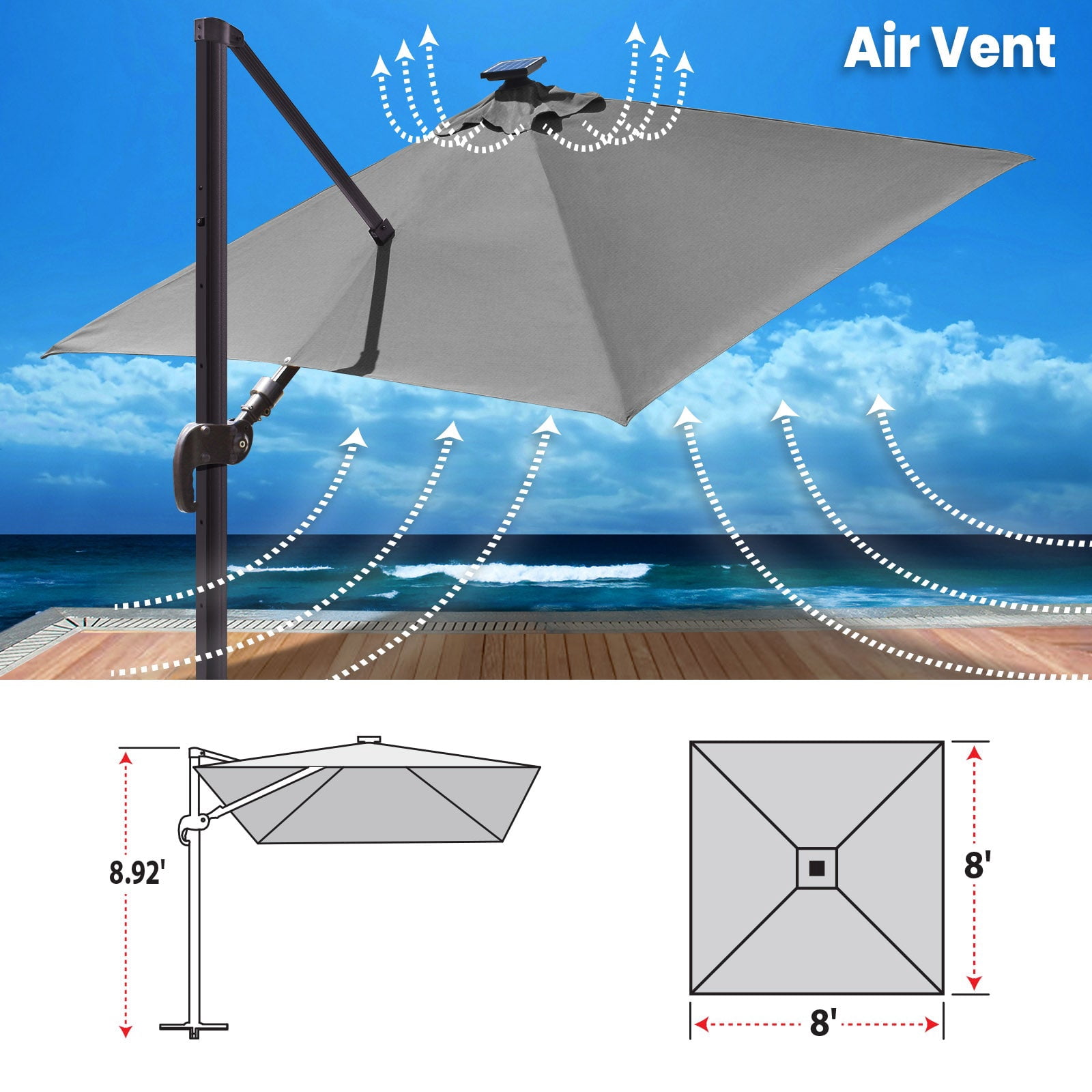 SUNNYOUTDOOR 8'x8' Sunbrella Cover Umbrella Deluxe Cantilever Umbrella Outdoor Garden Patio Umbrella (harcoal)