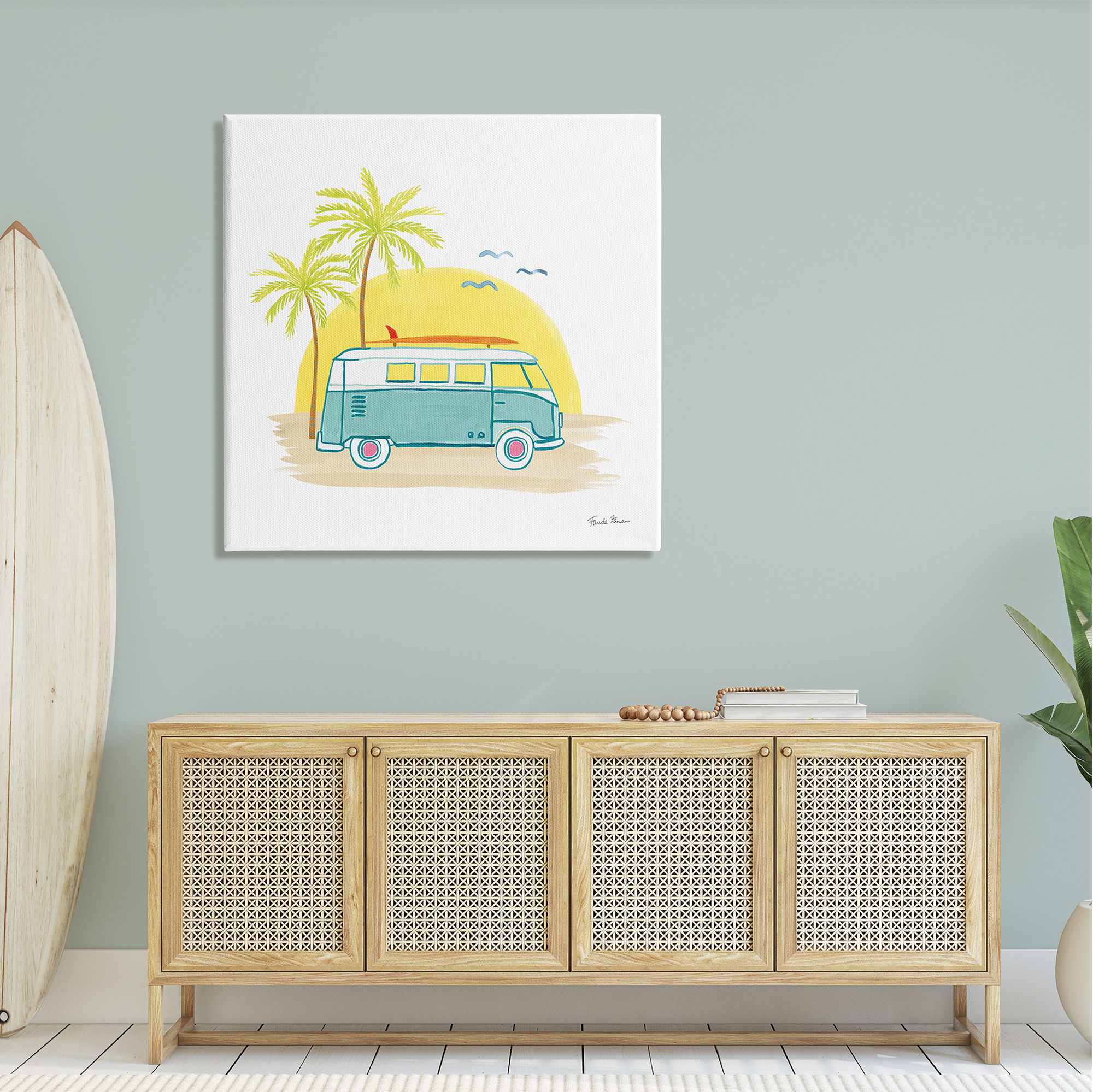 Stupell Industries Summertime Tropical Bus Sunshine Palm Tree Travel Illustration Drawings Gallery-Wrapped Canvas Print Wall Art, 36x36, by Farida Zaman