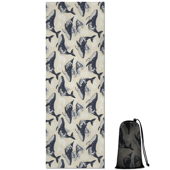 74x26 Inch Yoga Towel, Sweat Absorbent Non-Slip Mat for Hot Yoga, Pilates & Fitness,Whale Wave Vintage Beige Pattern