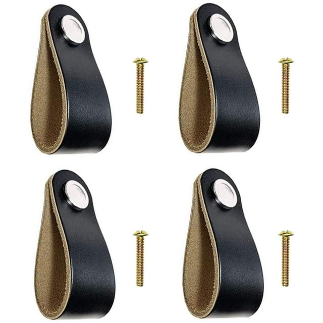 Tiradores de cajón de cuero 4 piezas Tiradores de gabinete negros Tiradores de gabinete de cuero con tornillos de 22 mm Manija de cuero para gabinete, cocina y puerta ZefeiWu 8390606922526