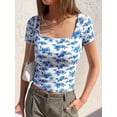 thumbnail image 2 of BTFBM Floral Square Neck Tops for Women Trendy Summer Outfits Short Sleeve Shirts Boho Top Beach Vacation Clothes, 2 of 7