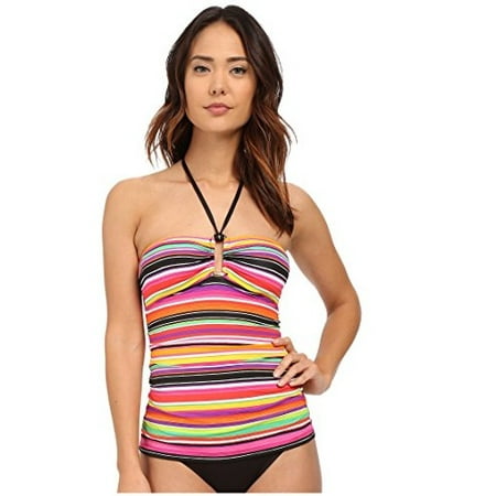 Bandeau Shirred One Piece - Ralph Lauren Sunset Stripe Shirred Bandeau One-Piece w/ Molded Cup (Black, 10)