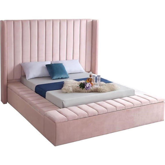 Meridian Furniture Kiki Solid Wood and Velvet Full Bed in Pink