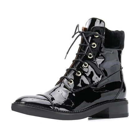 

YDN Women Graceful Round Closed Toe Ankle Boots Suede Chunky Block Low Heels Lace Up Shorts Boots Office Winter Shoes Size 10.5 Black Patent