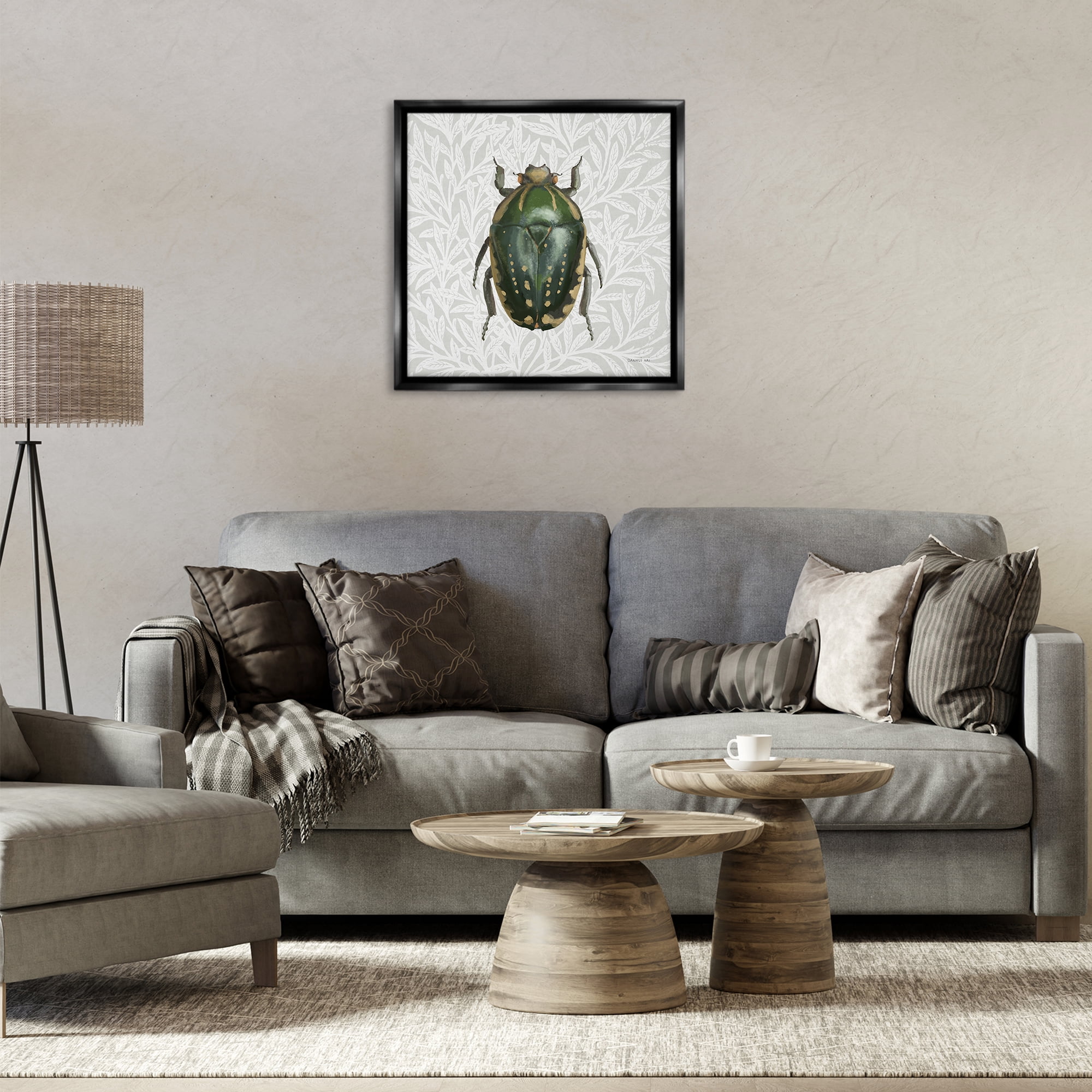 Stupell Industries Beetle with Botanical Pattern Animals & Insects Painting Black Floater Framed Canvas Art Print Wall Art, 25 x 25