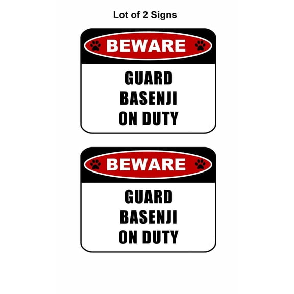 2 count "Beware Guard Basenji (v2) on Duty" 11.5 inch x 9 inch Laminated Dog Sign