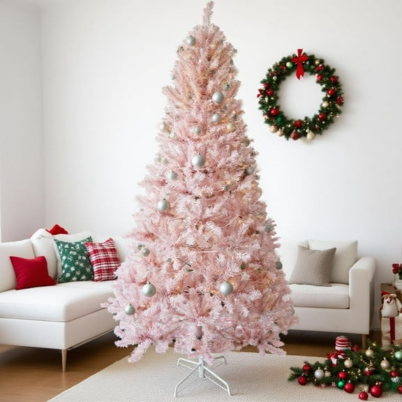 Rugerasy 6.5 Ft Artificial Pink Christmas Tree,Christmas Tree with 250 Warm White LED Lights & 818 Branches,Xmas Decoration for Living Room Hallway,Pink
