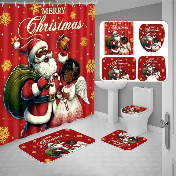 4Pcs Christmas Shower Curtain set Bathroom Set - Black Santa Claus Girl Non Slip Rugs Toilet Lid Cover Bath Mat with 12 Hooks Xmas Decorations