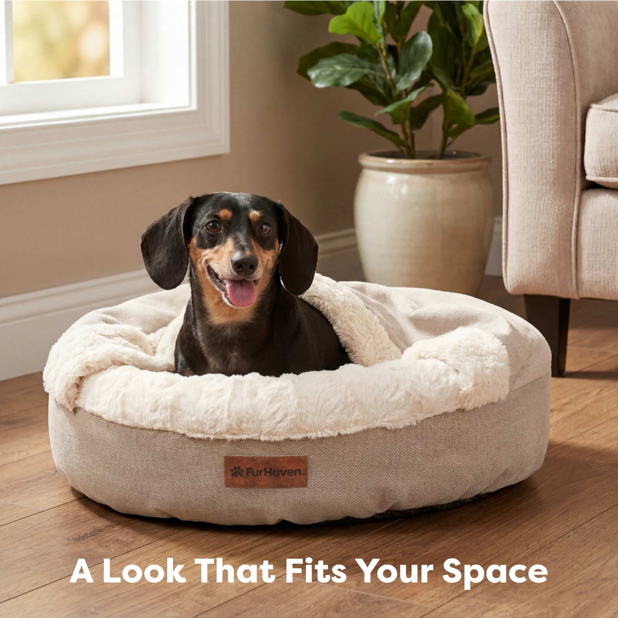Furhaven Hooded Donut Calming Pet Bed, Small, Taupe photo 6