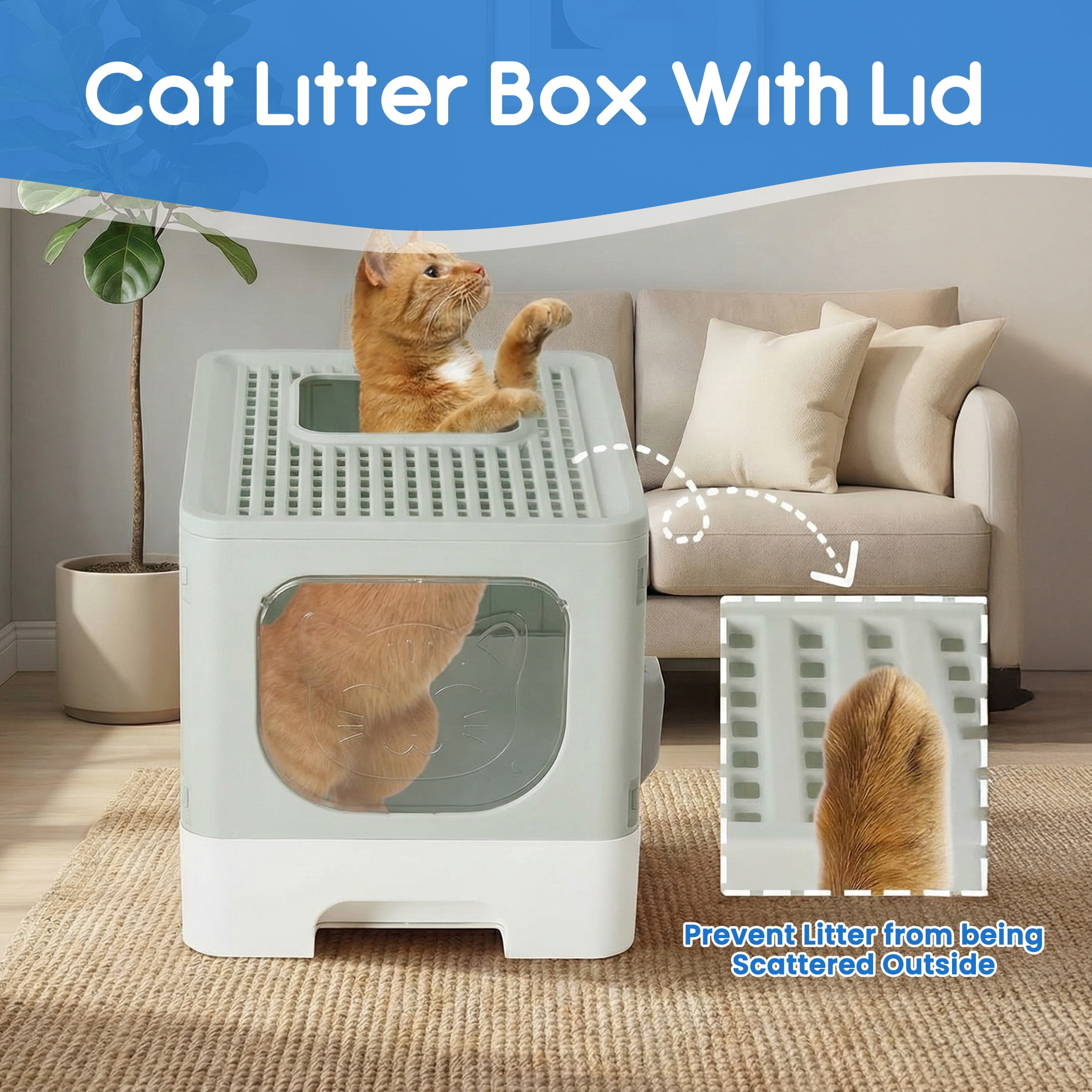 EDX Large Foldable Cat Litter Box with Lid, Enclosed Anti-Splashing Cat Box with Litter Scoop, Front Entry Top Exit Kitty Litter Box with Door, Drawer Design, Easy Cleaning & Odor Control, Gray