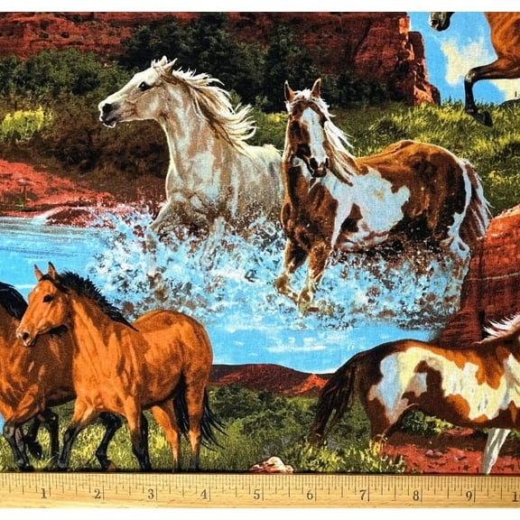 1 Yard - Wild Horses Western Scenic Cotton Fabric (Great for Quilting, Sewing, Craft Projects, Throw Pillows & More) 1 Yard X 44" Wide