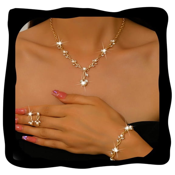 Pearl Rhinestone Jewelry Set, Gold Bridal Wedding Necklace Earrings Bracelet 3Pcs, Formal Prom Party Ornaments for Women Brides