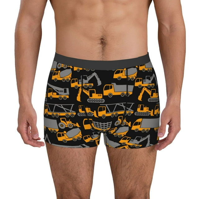 Lsque Yellow Excavator Pattern Men’s Total Support Pouch Boxer Briefs, X-Temp Cooling, Moisture-Wicking Underwear, Regular, Long-leg and Trunk-Small