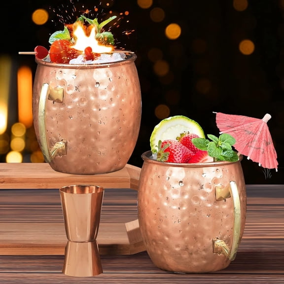 Moscow Mule Mugs Set of 12 - 18oz Hammered Copper Plated Stainless Steel Cups with Jigger and Straws for Cocktails