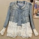 thumbnail image 4 of Chaqueta vaquera ajustada Retro de talla grande para mujer, abrigo vaquero informal con perlas de encaje -2xl, 4 of 5