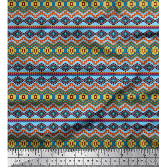 Soimoi Blue Cotton Duck Fabric Aztec Geometric Decor Fabric Printed Yard 42 Inch Wide