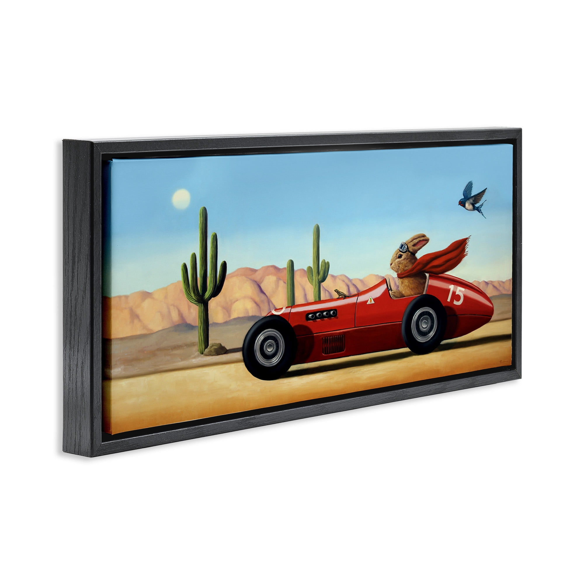 Stupell Industries Race Car Bunny Driving Desert Canyon Transportation Painting Black Floater Framed Canvas Art Print Wall Art, 31 x 14