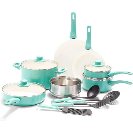 

JIUJIANG Soft Grip Healthy Ceramic Nonstick 15 Piece Cookware Pots and Pans Set Induction PFAS-Free Dishwasher Safe Turquoise