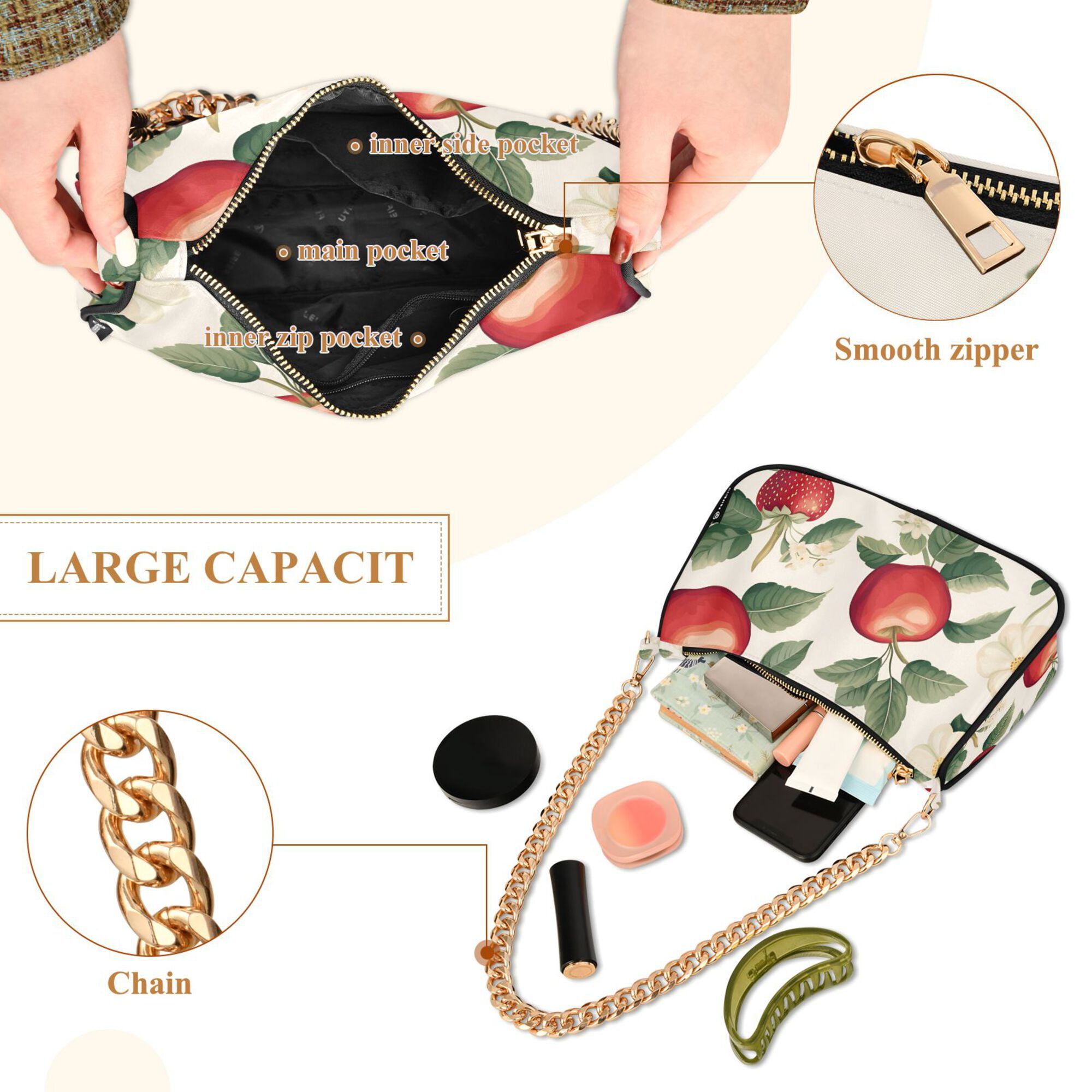 FORMRS Womens Shoulder Bag with Chain Strap Clutch Purse Cute Tote Handbag, Apples Flower Pattern