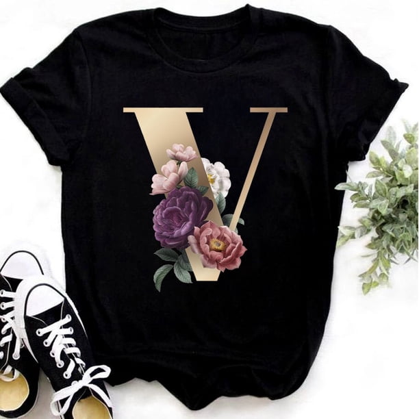 Nombre personalizado letra combinación moda mujer camiseta flor letra fuente ABCDEFG manga corta Tops negro camiseta ropa Tan Jianjun unisex