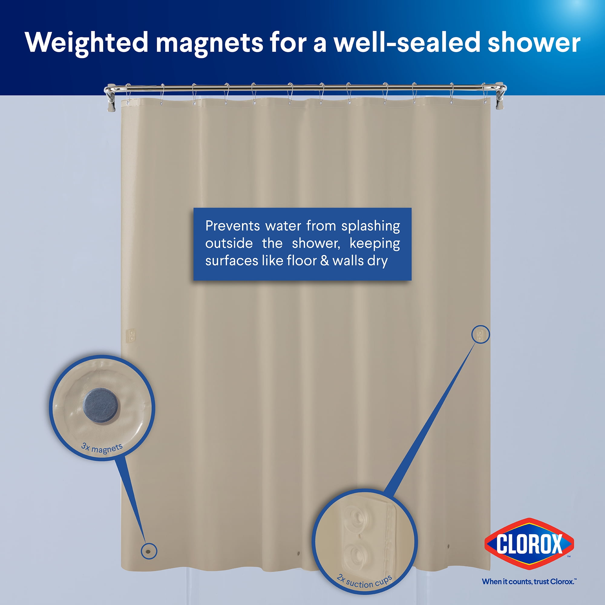 Clorox Shower Curtain Liner Heavyweight Waterproof PEVA with Metal Grommets 72" x 72" Beige