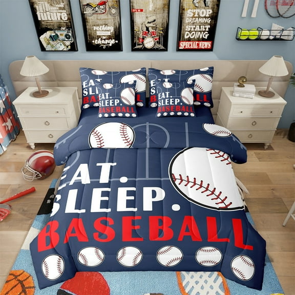 Baseball Bed in a Bag Twin Sports Bedding Sets Baseball Comforter Set with Sheets Baseball Ball Games Bed Set Baseball Room Decor Teen Sheets 7 Pcs Navy Blue White