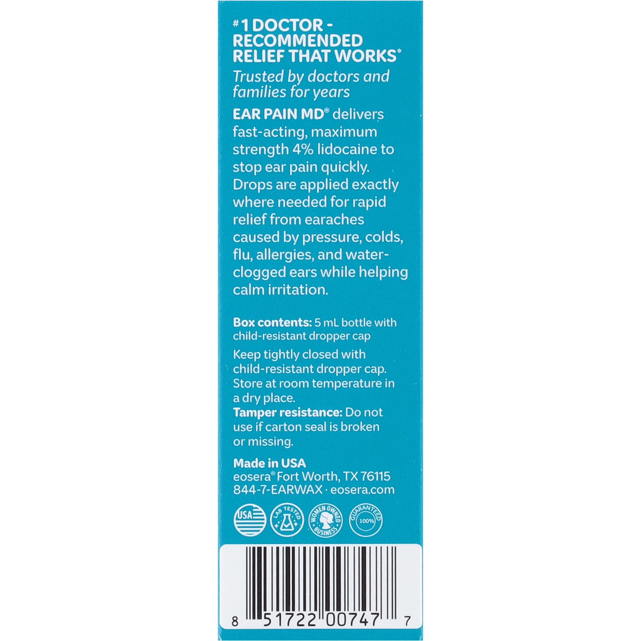 eosera Ear Pain MD for Kids Relief Drops with 4% Lidocaine 5mL