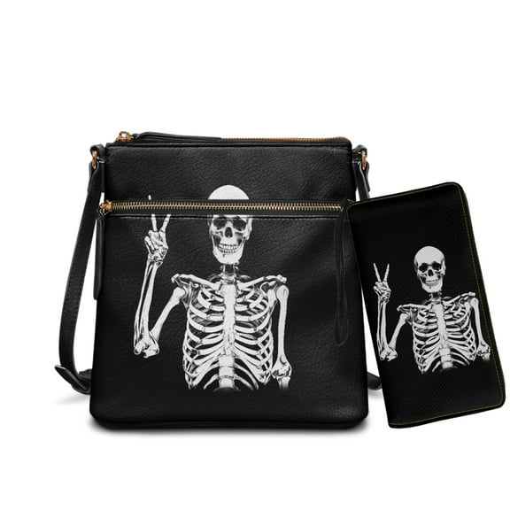 ZUXONGSY Skull Print Women's PU Leather Hobo Bag & Matching Wallet Set, Multi-Pocket Crossbody Purse with Adjustable Strap for Travel & Work
