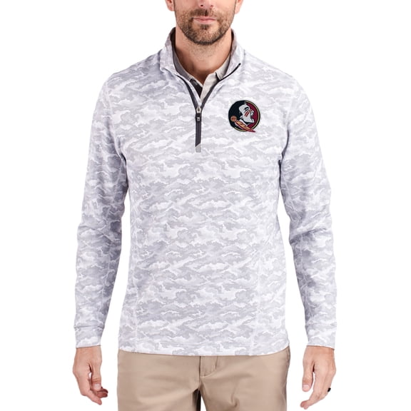 Men's-Cutter & Buck  Gray Florida State Seminoles Traverse Stretch Eco Camo DryTec Tri-Blend Quarter-Zip Pullover