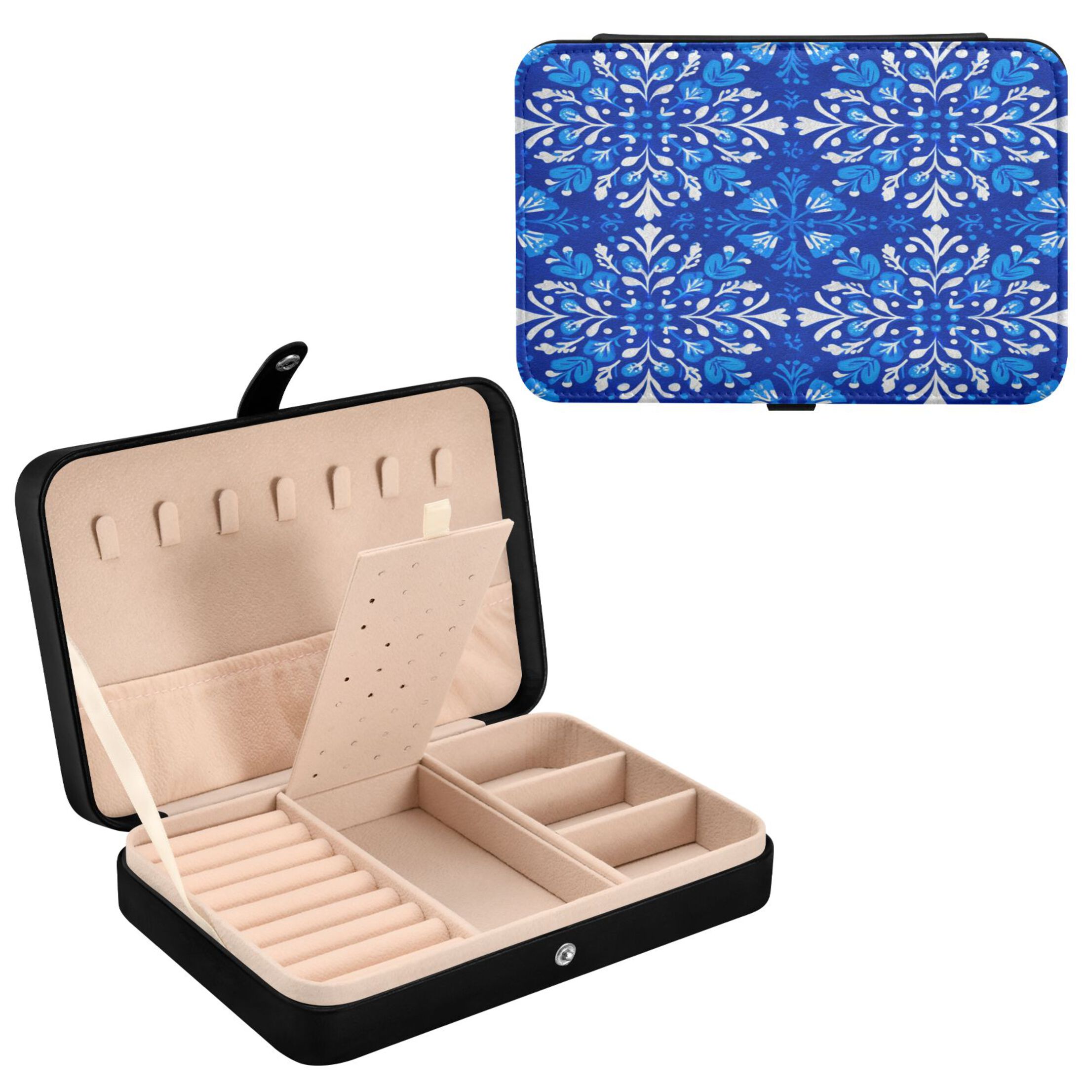 Leather Jewelry Box Rectangular 8.27x5.5x1.78In Travel Jewelry Storage Earrings Necklace Bracelet Watch Brooch Storage Blue Beautiful