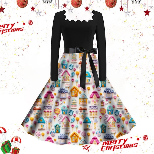 Vestidos de Mujer Vestido Informal Retro Con Cordones y Cuello Cuadrado Con Estampado Navideño de Otoño E Invierno Para Mujer (3)