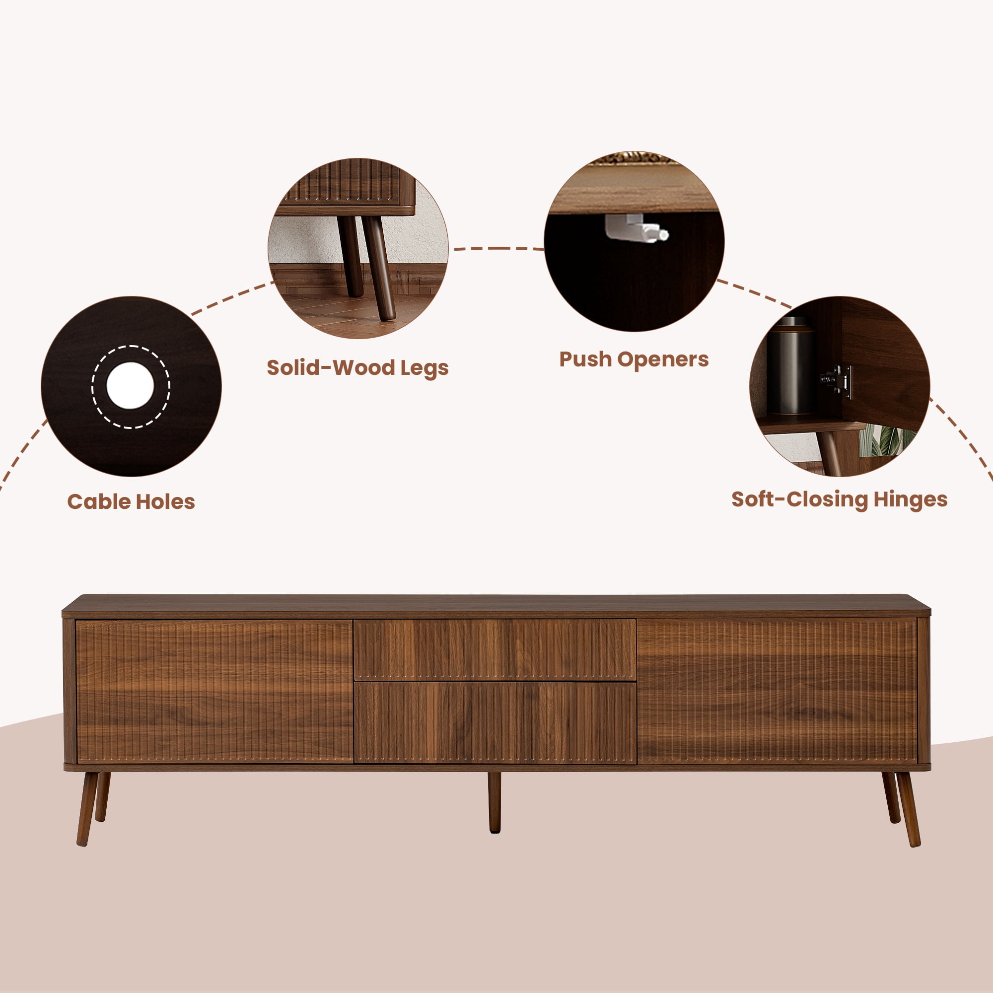 TV Stand for TVs up to 80 Inch, Entertainment Center with Fluted Doors & 2 Drawers, Media Console with Solid Wood Legs for Living Room