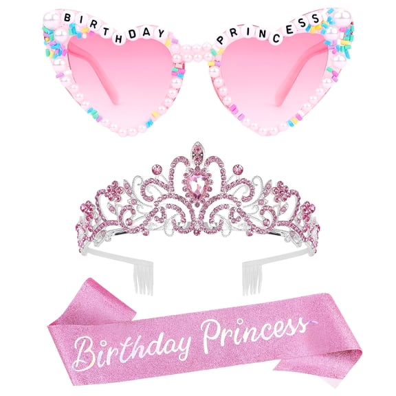 DESIGNICE Pink Birthday Princess Glasses,Birthday Princess Sash Tiara Crown for Women Girls,3 Pcs Elegant Tiaras Crowns Hair Accessories Happy Birth Party Decorations Girls Gifts