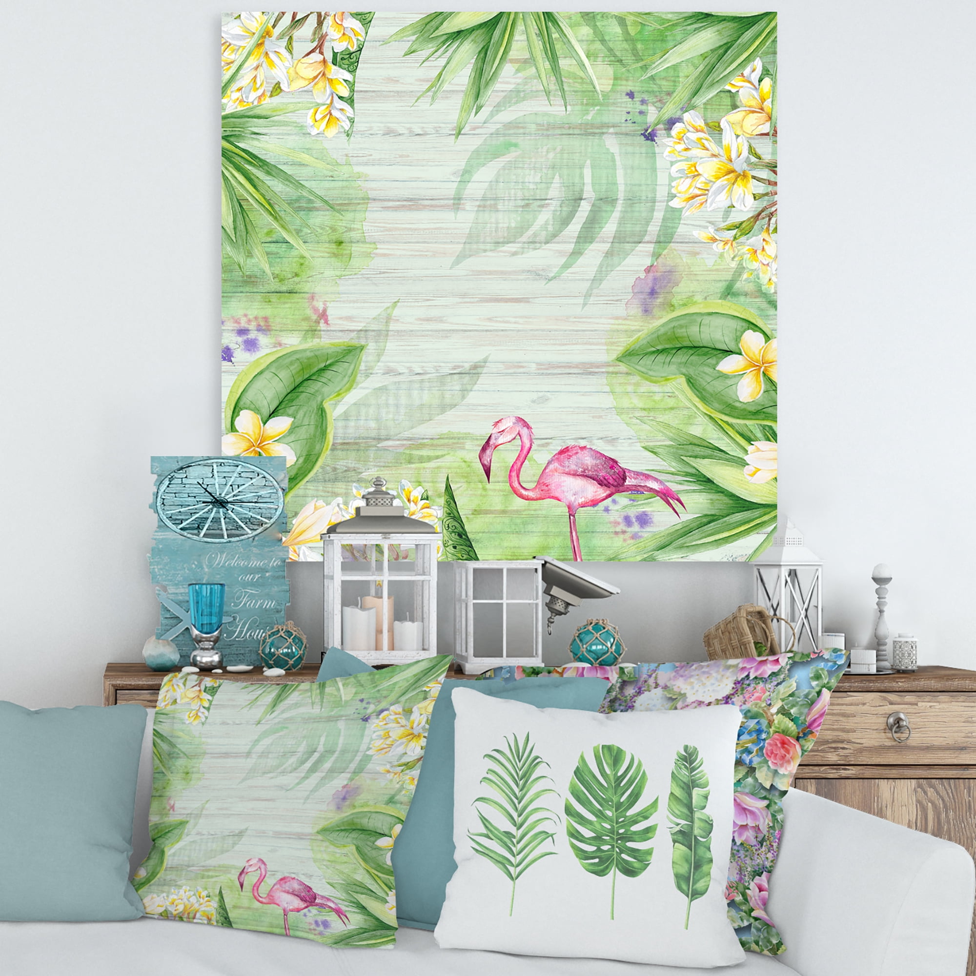 Designart ' Yellow Flowers, Tropical Foliage With Flamingo I ' Modern Canvas Wall Art Print
