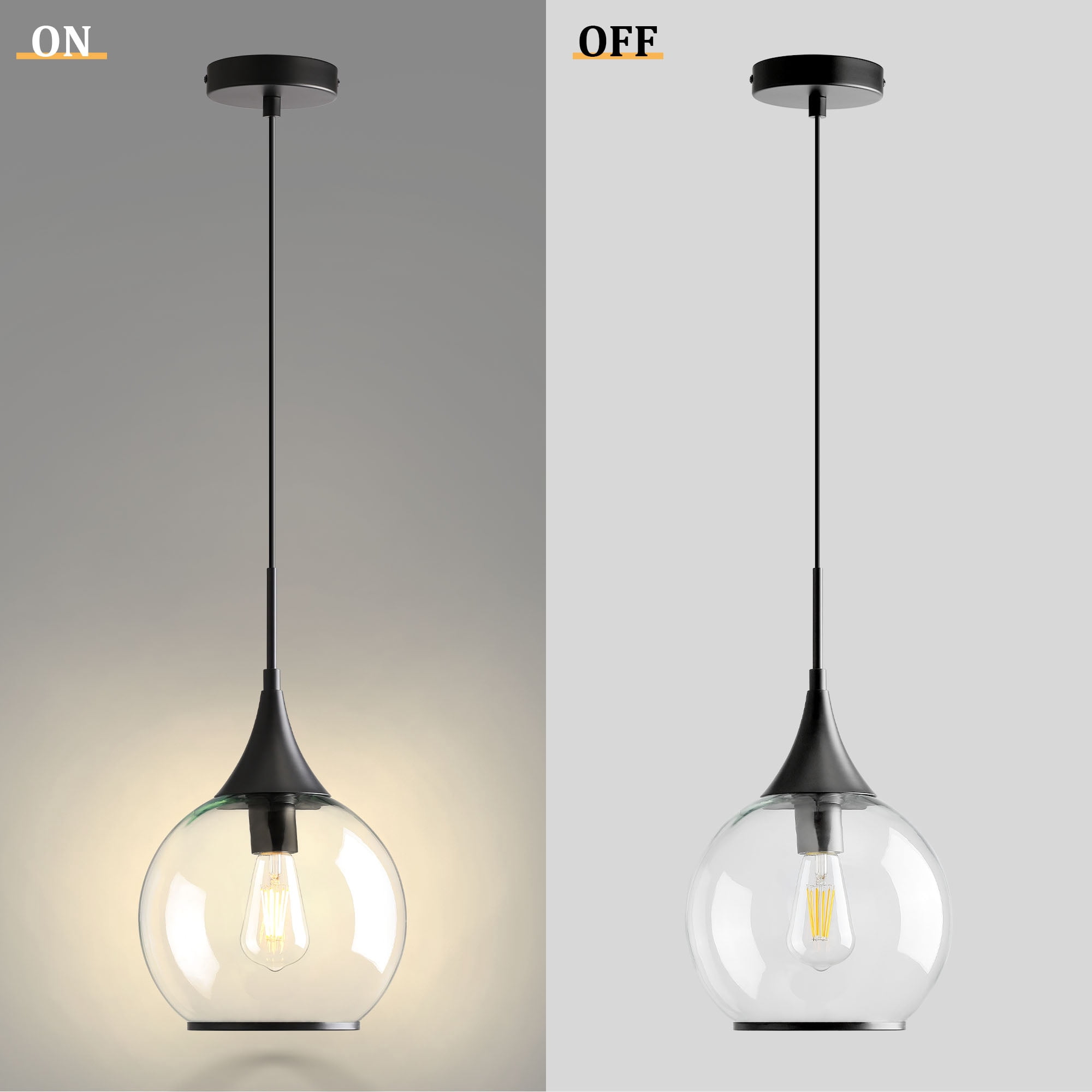 KAISITE Modern Pendant Light Fixture Dimmable Kitchen Island Hanging Ceiling Lights with Glass Shade-Black